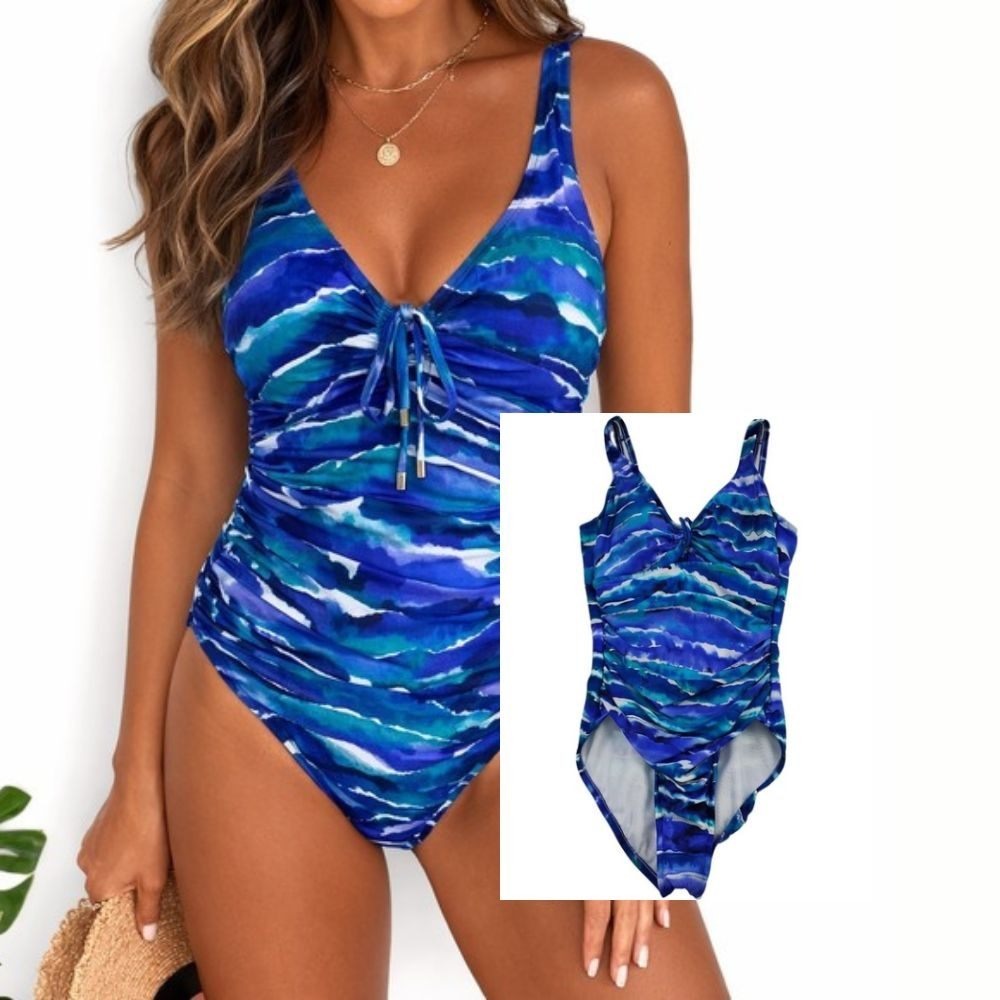 Magicsuit One Piece Swimsuit Ruched Tummy Control Tie‎ Front Blue Womens 8